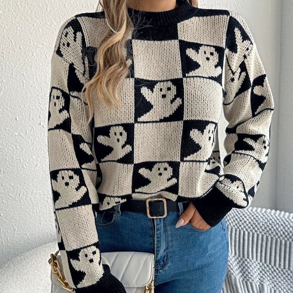 Halloween Ghost Pattern Checkered Round Neck Sweater - Picture 1 of 12